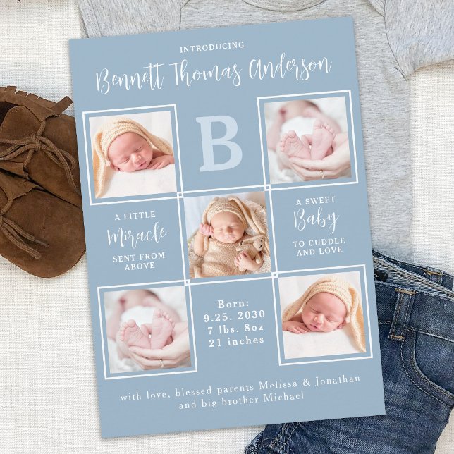 Elegant 5 Photo Collage Newborn Baby Boy Birth Announcement (Creator Uploaded)