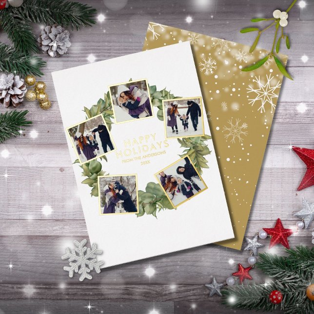 Elegant 5 Photo Greenery Wreath Christmas Gold Foil Holiday Card (Creator Uploaded)