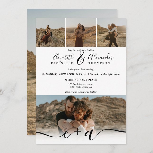 Elegant 5 Photos modern script wedding black white Invitation (Front/Back)