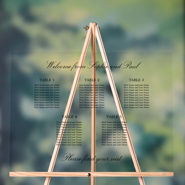 Elegant 5 Table Seating Chart Acrylic Sign (Neutral)