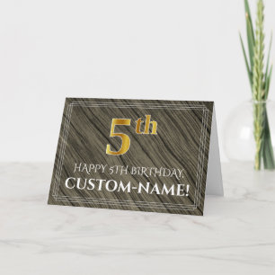 Elegant 5th Birthday: Faux Wood, Faux Gold Look Card