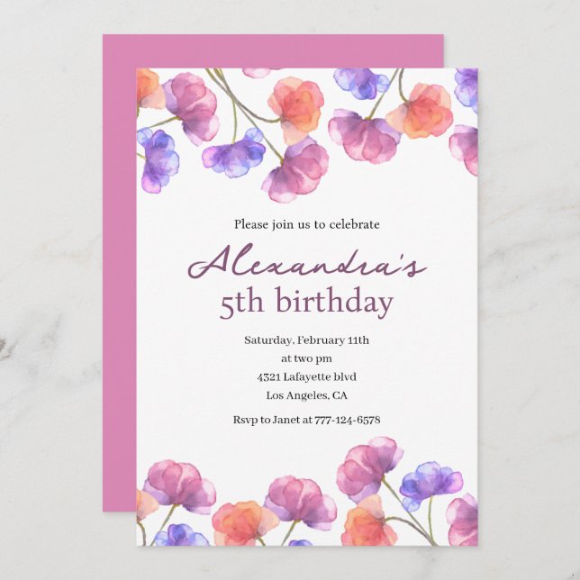 Elegant 5th birthday invitations Floral Chic (Front/Back)