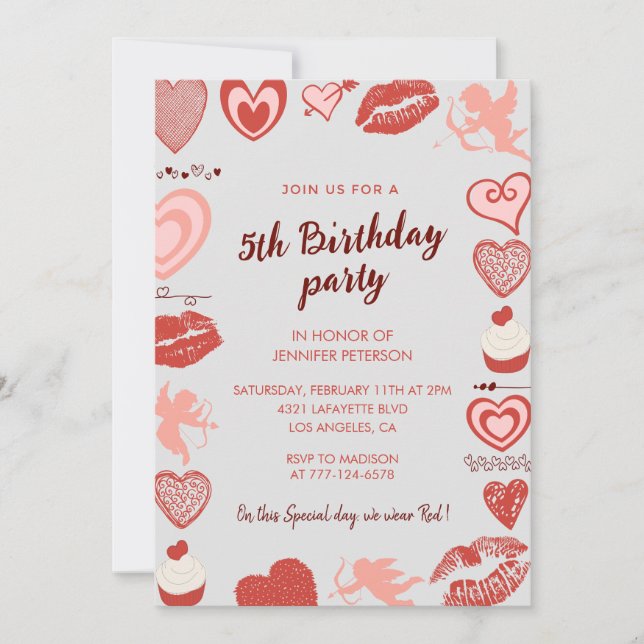 Elegant 5th birthday invitations Grey Red Hearts (Front)