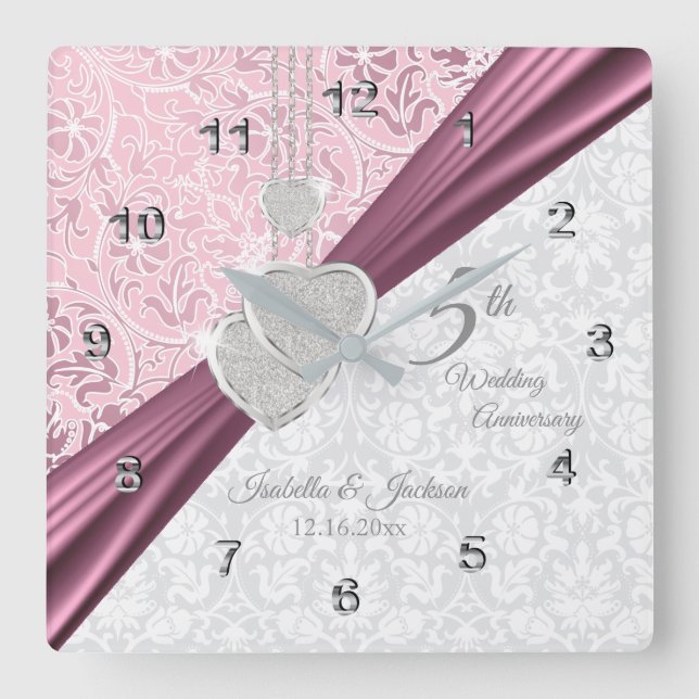 Elegant 5th Pink Wedding Anniversary Keepsake Square Wall Clock (Front)