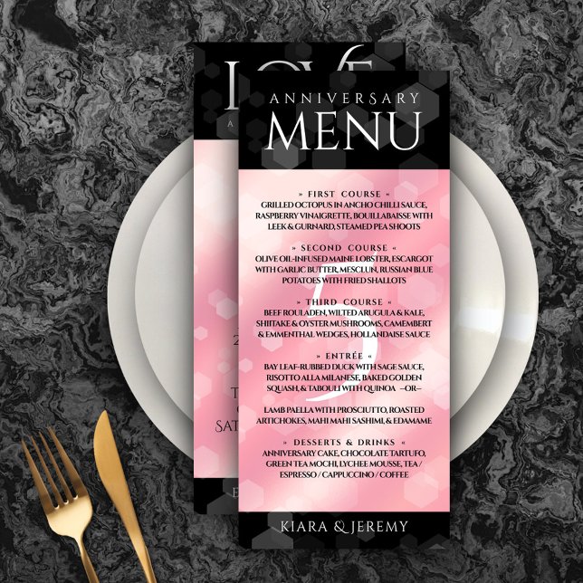 Elegant 5th Rose Quartz Wedding Anniversary Menu (Elegant 5th Rose Quartz Wedding Anniversary Menu Rack Card Cover Photo.)
