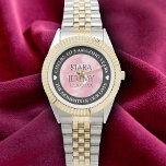 Elegant 5th Rose Quartz Wedding Anniversary Watch<br><div class="desc">Celebrate the 5th rose quartz wedding anniversary with this commemorative watch! Elegant lettering with hexagonal confetti on a rich pink background add a memorable touch for this special occasion and milestone. Customize with couple's names,  dates of marriage,  and congratulatory messages.

Design © W.H. Sim. See more at zazzle.com/expressionsoccasions</div>