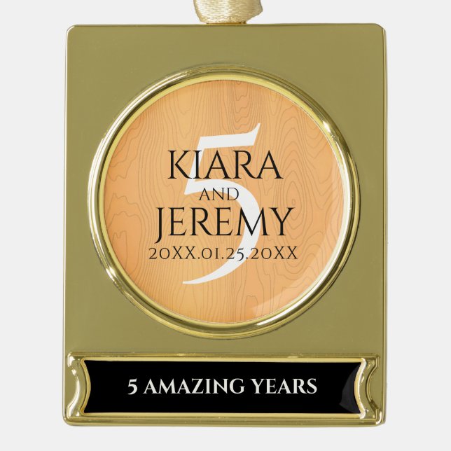 Elegant 5th Wood Wedding Anniversary Celebration Gold Plated Banner Ornament (Front)
