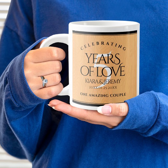 Elegant 5th Wood Wedding Anniversary Celebration Large Coffee Mug (5th Wedding Anniversary Jumbo Coffee Mug Cover Photo.)