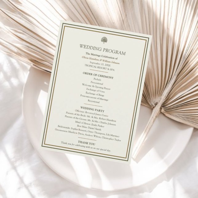 Elegant 5x7 Ivory & Gold Tropical Palm Wedding Programme (Elegant wedding program with classic design for a timeless ceremony touch.)