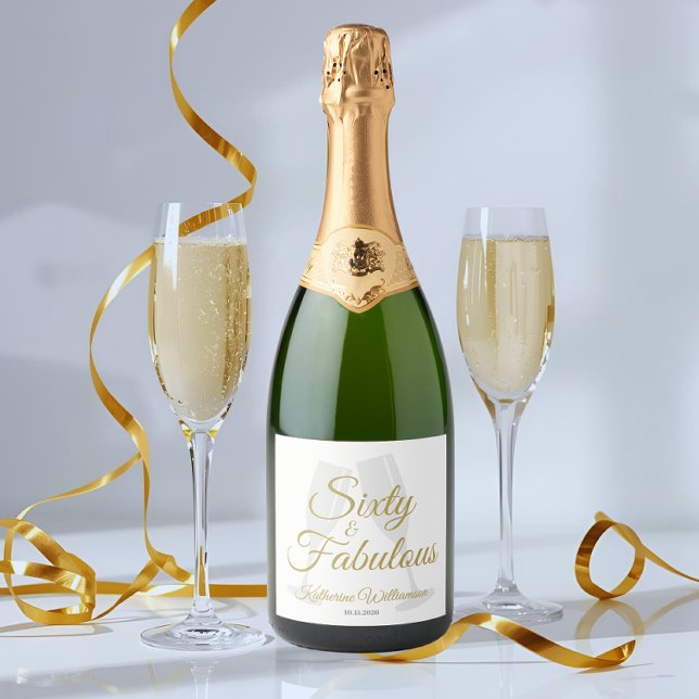 Elegant 60 and Fabulous Birthday Party White Gold  Sparkling Wine Label (Creator Uploaded)