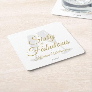 Elegant 60 and Fabulous Birthday Party White Gold  Square Paper Coaster