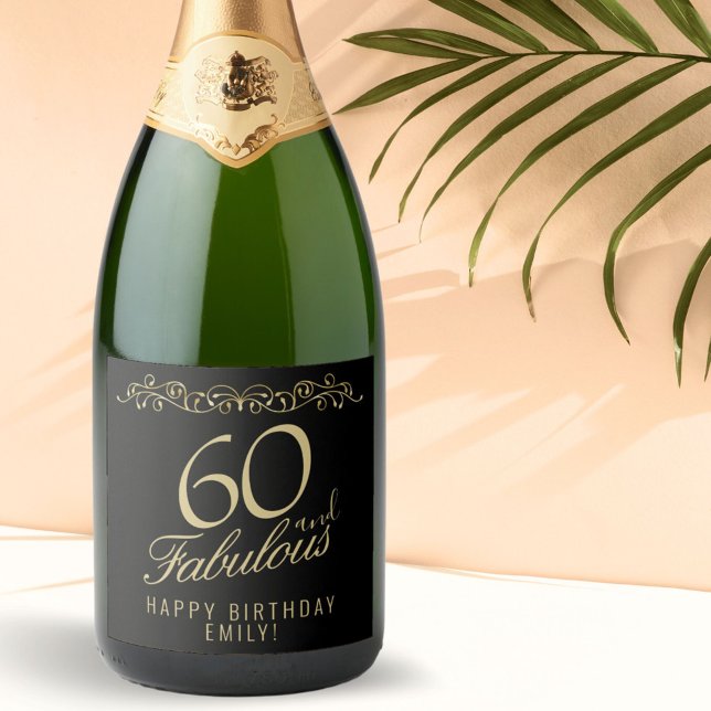 Elegant 60 and Fabulous Ornament 60th Birthday Sparkling Wine Label (Creator Uploaded)