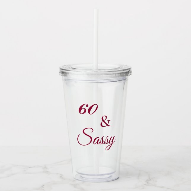 Elegant 60 and Sassy Red Script Happy Birthday Acrylic Tumbler (Front)