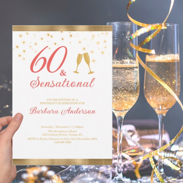 Elegant 60 & Sensational Gold and Pink Birthday Invitation (Creator Uploaded)