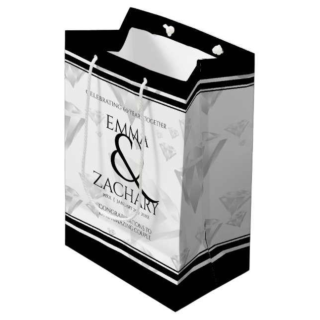 Elegant 60th 75th Diamond Wedding Anniversary Medium Gift Bag (Front Angled)