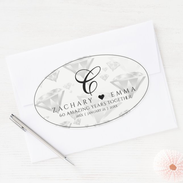 Elegant 60th 75th Diamond Wedding Anniversary Oval Sticker (Envelope)