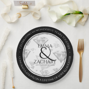 Elegant 60th 75th Diamond Wedding Anniversary Paper Plate