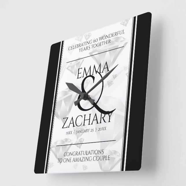 Elegant 60th 75th Diamond Wedding Anniversary Square Wall Clock (Angle)