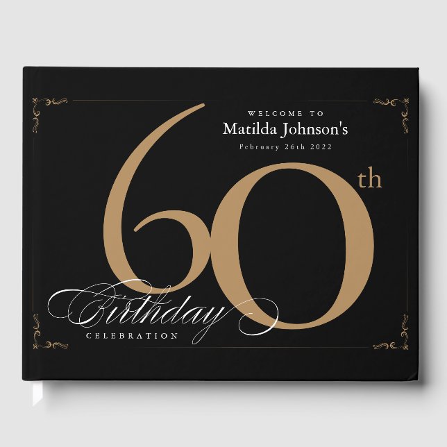 Elegant 60th Birthday Black Gold Script Custom Guest Book (Front)