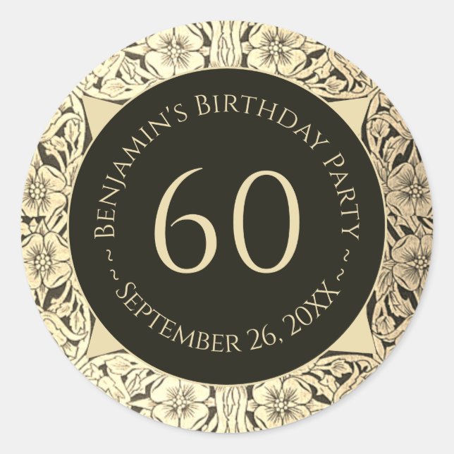 Elegant 60th Birthday Black Gold Vintage Flowers  Classic Round Sticker (Front)