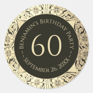 Elegant 60th Birthday Black Gold Vintage Flowers  Classic Round Sticker