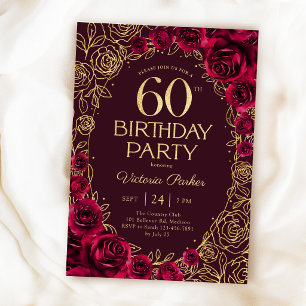 Elegant 60th Birthday Burgundy Gold Floral Invitation