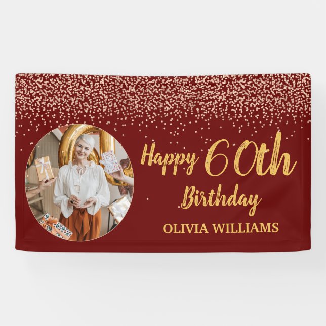 Elegant 60th Birthday Burgundy Gold Glitter  Banner (Horizontal)