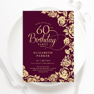 Elegant 60th Birthday Burgundy Gold Roses Invitation