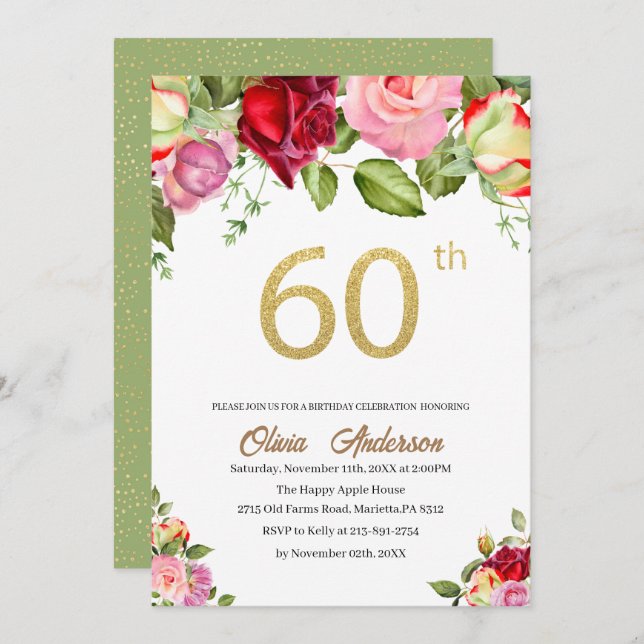 Elegant 60th  Birthday Celebration Watercolor Glit Invitation (Front/Back)