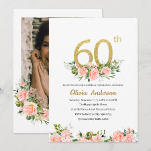 Elegant 60th  Birthday Celebration Watercolor Glit Invitation