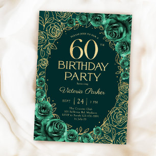 Elegant 60th Birthday Emerald Green Gold Floral Invitation