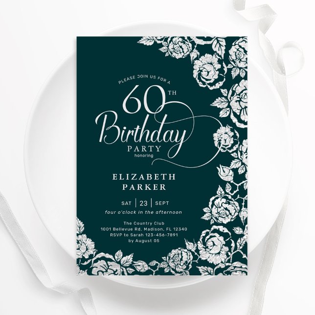 Elegant 60th Birthday Emerald Green Silver Roses Invitation (Creator Uploaded)