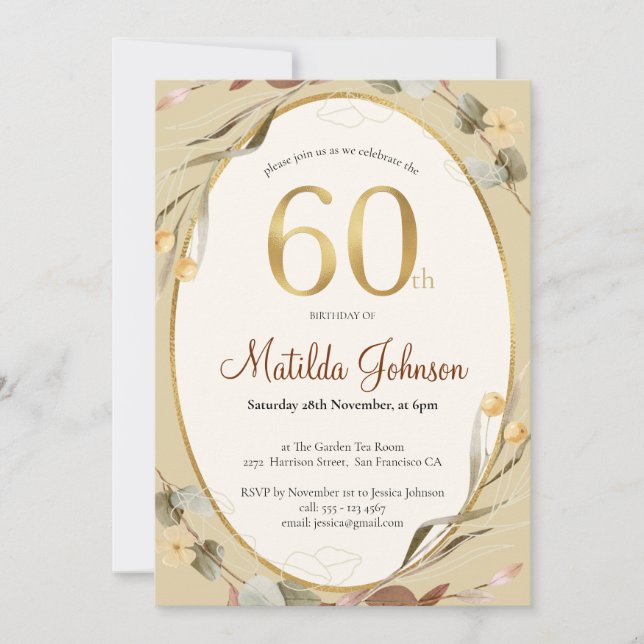 Elegant 60th Birthday Floral Warm Autumn Colours Invitation (Front)
