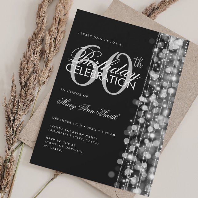 Elegant 60th Birthday Glam Sparkles Silver Black Invitation (Elegant 60th Birthday Glam Sparkles Silver Black Invitation)