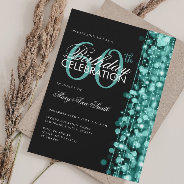 Elegant 60th Birthday Glam Sparkles Turquoise  Invitation (Elegant 60th Birthday Glam Sparkles Turquoise Invitation)