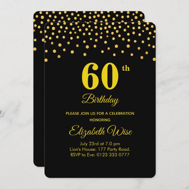 Elegant 60th Birthday & Gold Confetti on Black Invitation (Front/Back)