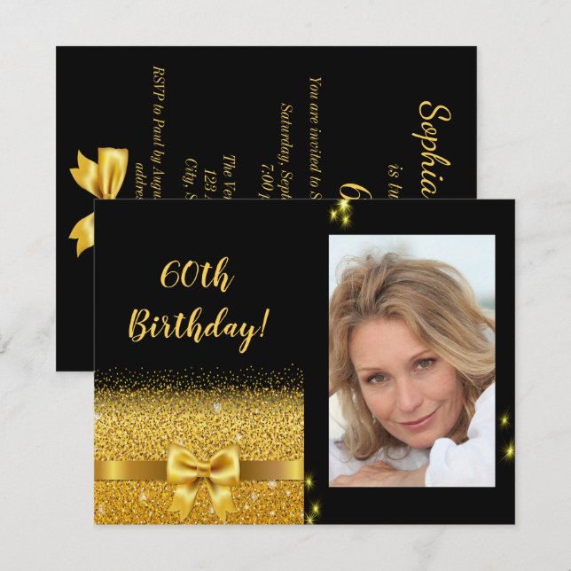 Elegant 60th birthday invitation black gold photo (Front/Back)