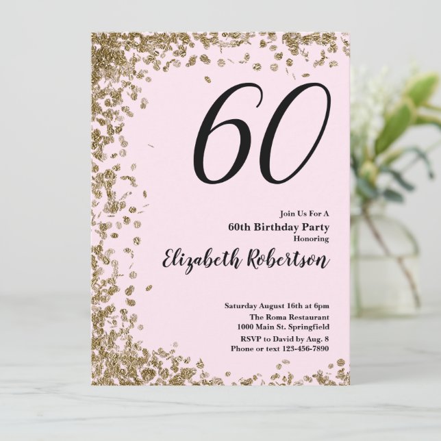 Elegant 60th Birthday Invitation Pink Gold Sequin (Standing Front)