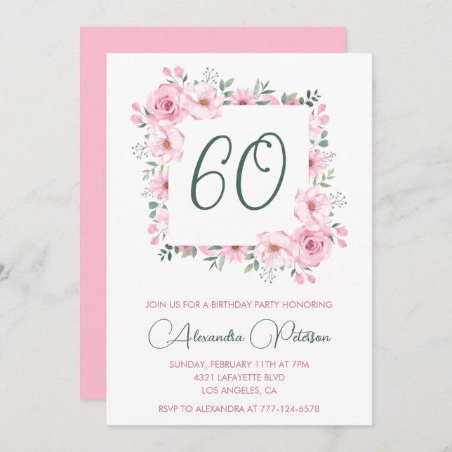 Elegant 60th birthday invitations Floral  Pink (Front/Back)