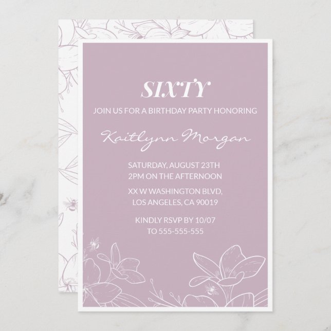 Elegant 60th birthday invitations Modern Floral (Front/Back)
