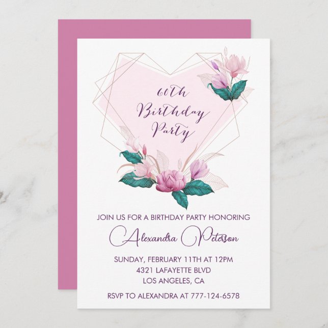 Elegant 60th birthday invitations Pink Floral (Front/Back)