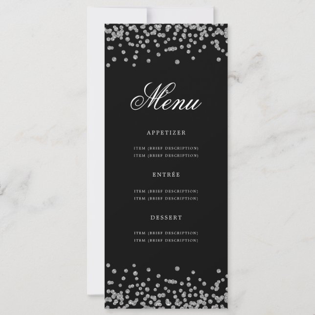 Elegant 60th Birthday Menu Silver Black Confetti Invitation (Back)