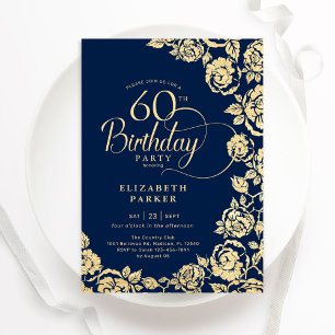 Elegant 60th Birthday Navy Gold Roses Invitation