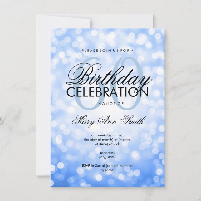 Elegant 60th Birthday Party Blue Glitter Lights Invitation (Front)