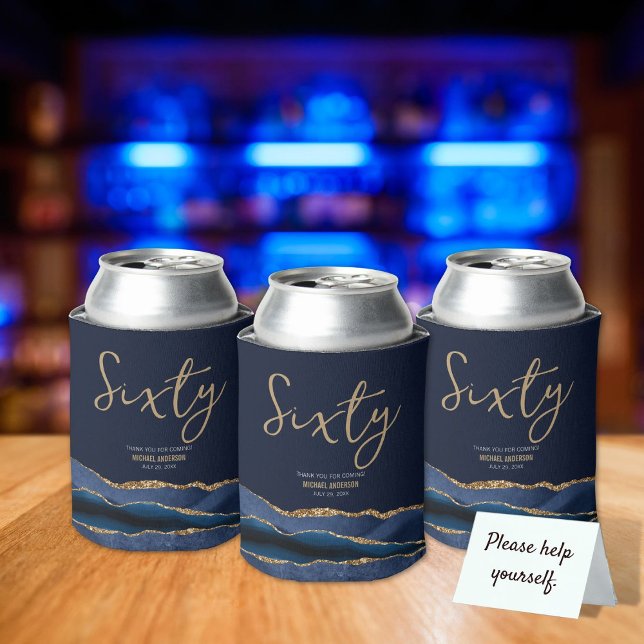 Elegant 60th Birthday Party Blue Gold Agate Can Cooler (Creator Uploaded)