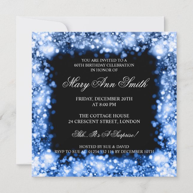 Elegant 60th Birthday Party Blue Sparkling Lights Invitation (Front)