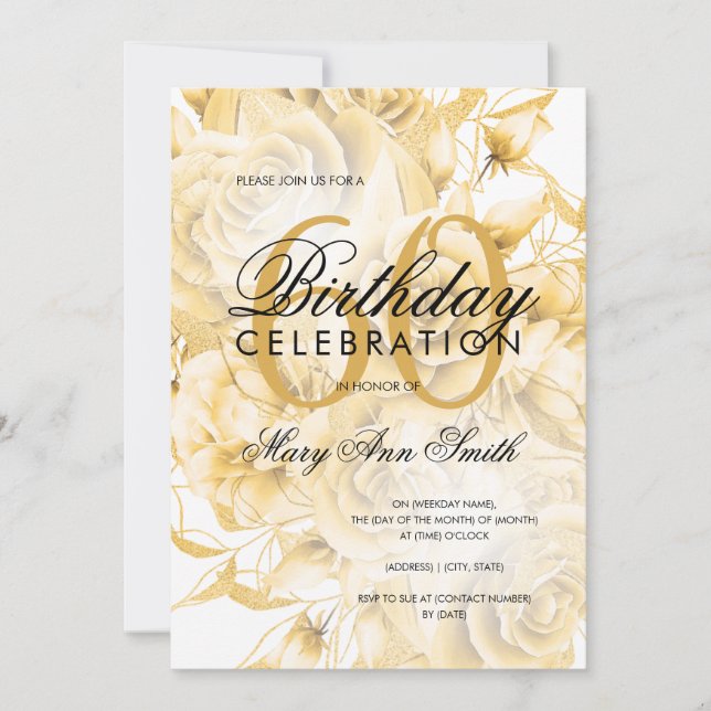 Elegant 60th Birthday Party Floral Gold  Invitation (Front)