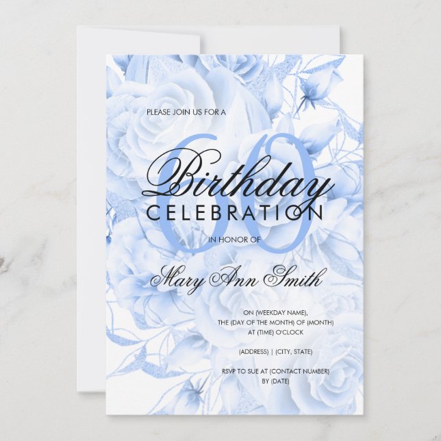 Elegant 60th Birthday Party Floral Navy Blue  Invitation (Front)