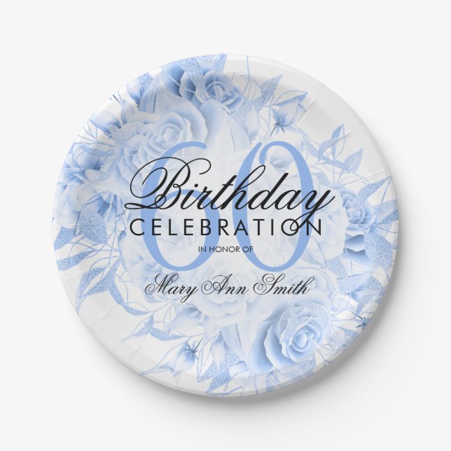 Elegant 60th Birthday Party Floral Navy Blue  Paper Plate (Front)