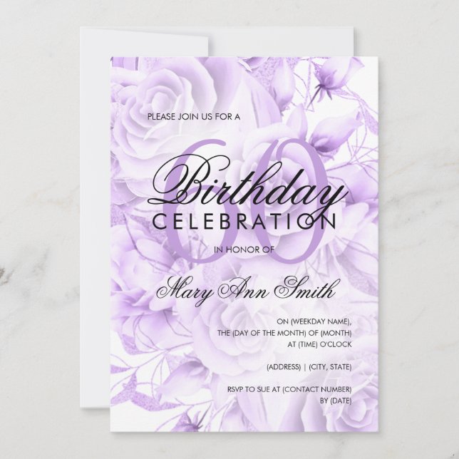 Elegant 60th Birthday Party Floral Purple  Invitation (Front)